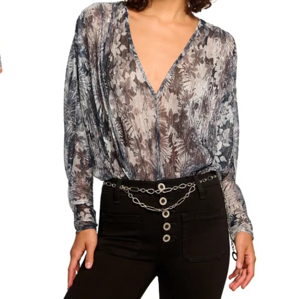 New Ramy Brook Margo Bodysuit Large Metallic Floral Long Sleeve V-Neck